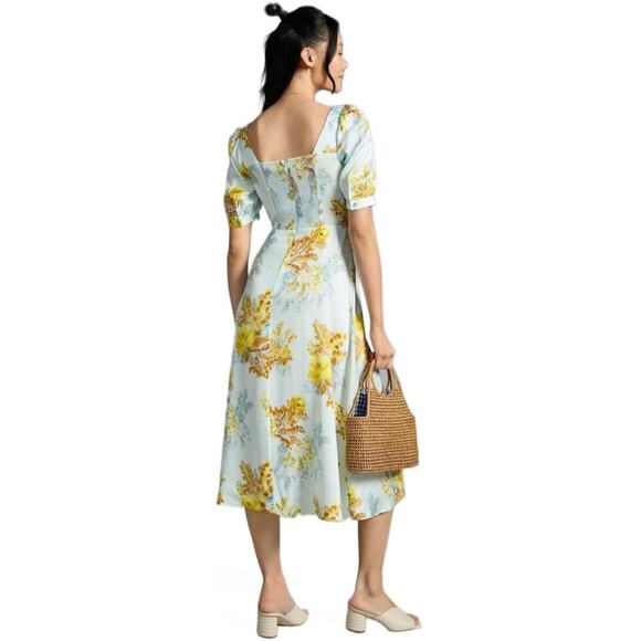 Anthropologie The Vineyard Floral Satin Midi Dress Blue Yellow Puff Sleeve sz 4 - Picture 6 of 8